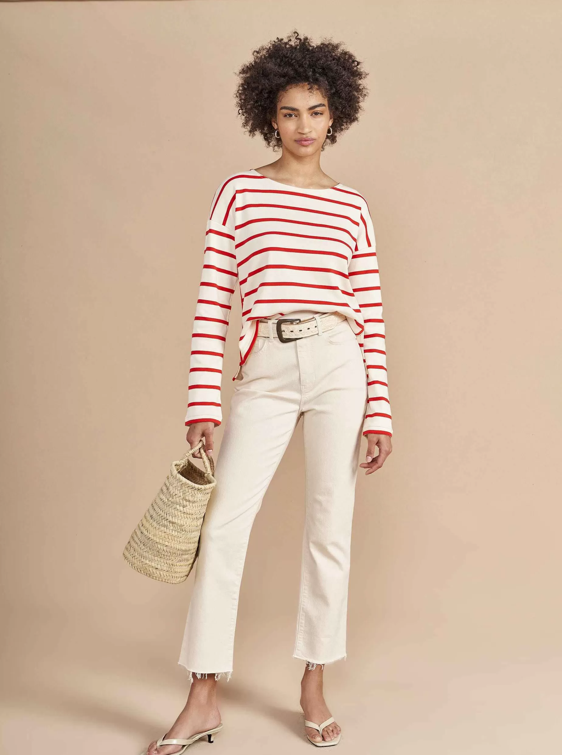 La Ligne Breton Long Sleeve Tee Cream/Poppy Flash Sale