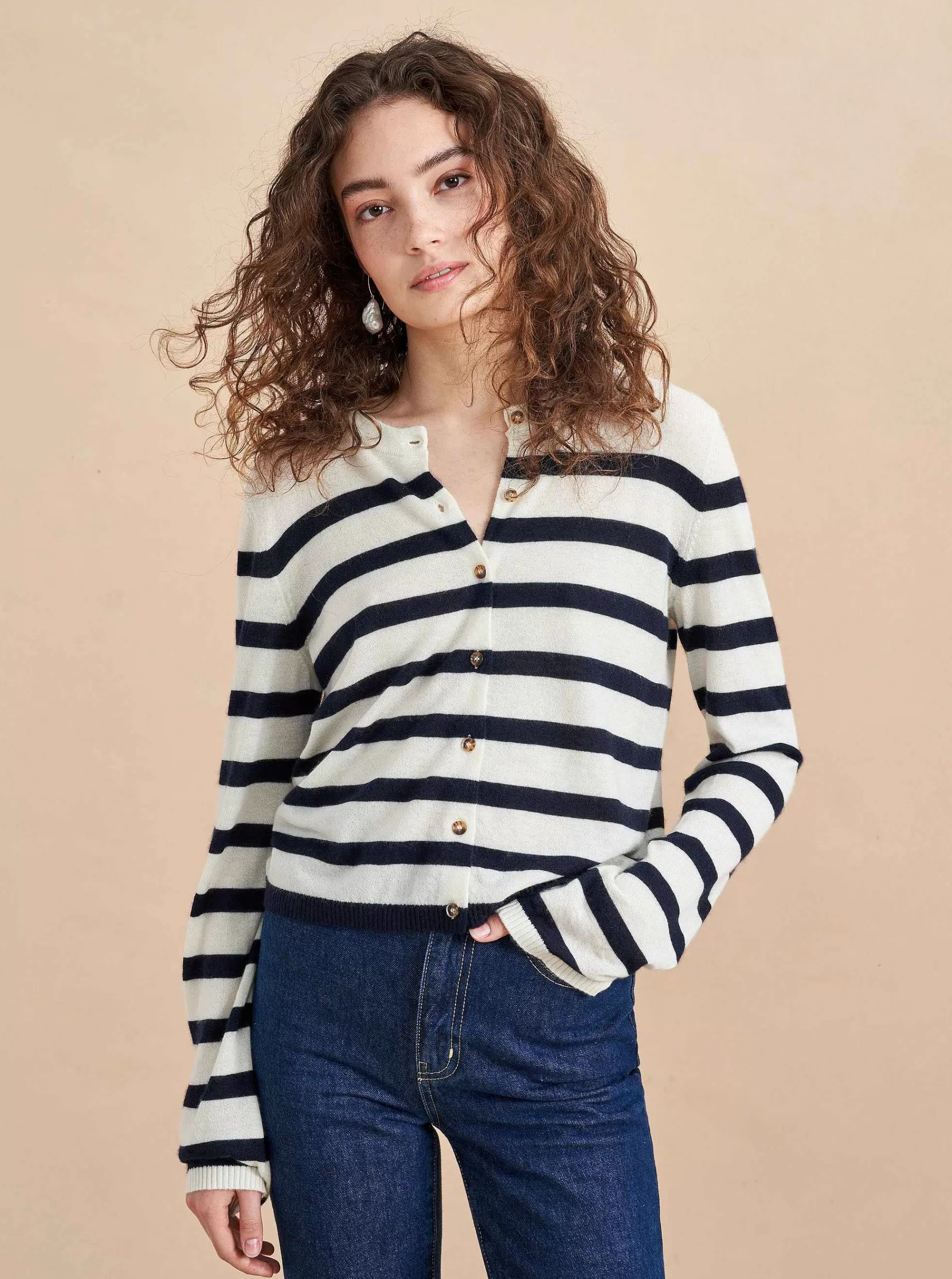 La Ligne Striped Featherweight Cardigan Cream/Navy Discount