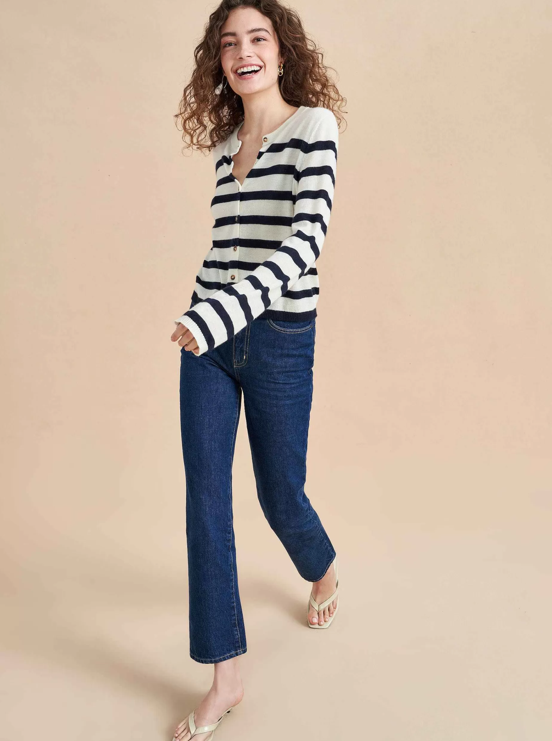 La Ligne Striped Featherweight Cardigan Cream/Navy Discount